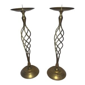 Set of two 14” vintage solid brass barley twist pillar candle holders